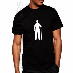 Original T-shirt showing a silhouette of a staff fighter in resting position. The normal position for the athlete that is resting or initiating march. An amazing gift for your friends that like staff fighting, stick fighting, or any other activity that involves a walking staff. Includes the logo of Stafffighters on the back